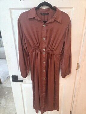 Zara Rust Button-Front Midi Shirt Dress